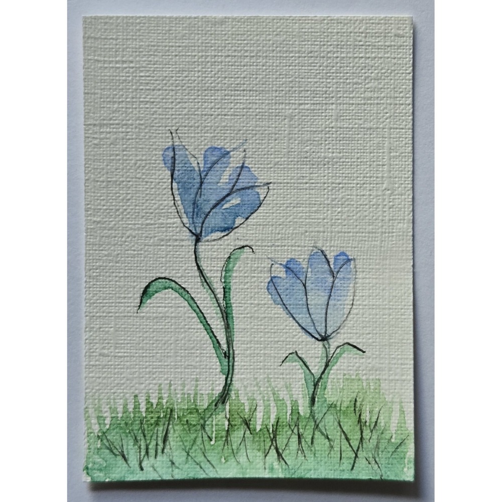 ACEO Original Art‎ Blue Wildflowers Watercolor & Ink Painting on Paper